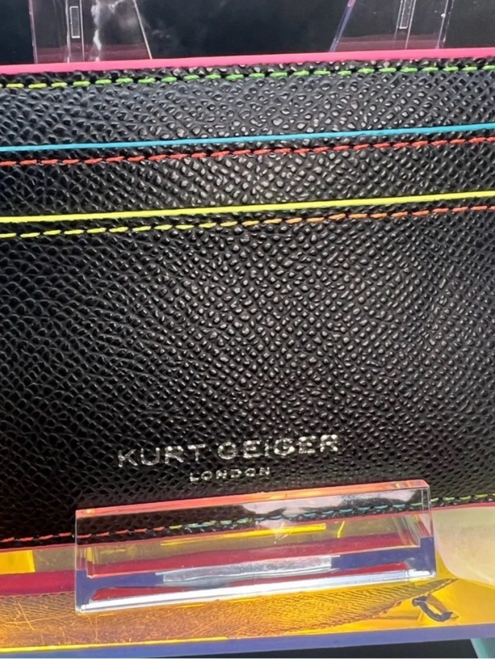 Kurt Geiger Black Card Holder with Neon Multicolor Stitching